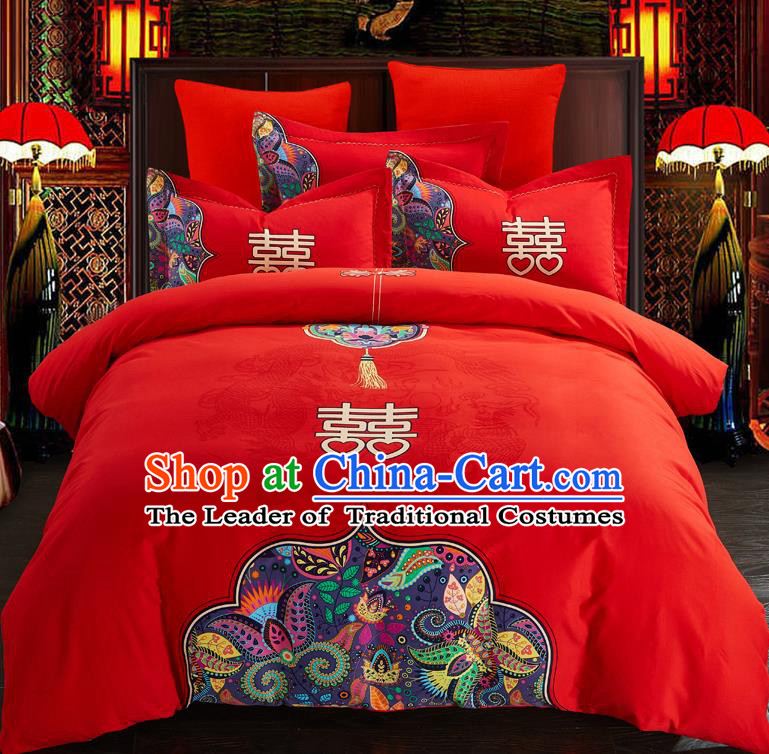 Traditional Chinese Style Wedding Bedding Set, China National Marriage Printing Red Textile Bedding Sheet Quilt Cover Complete Set