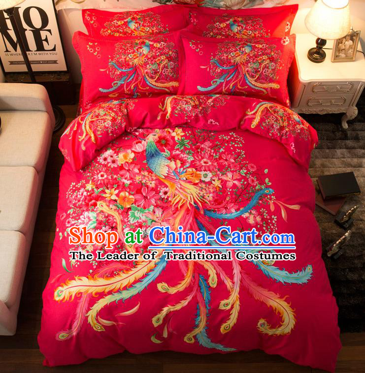 Traditional Chinese Style Wedding Bedding Set, China National Marriage Printing Phoenix Red Textile Bedding Sheet Quilt Cover Complete Set