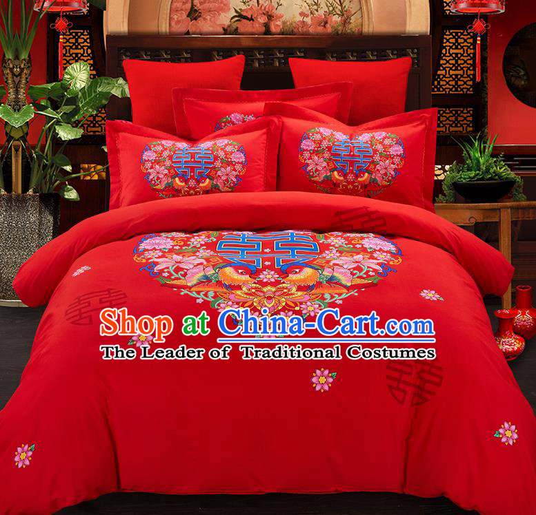 Traditional Chinese Style Wedding Bedding Set, China National Marriage Printing Mandarin Duck Red Textile Bedding Sheet Quilt Cover Complete Set