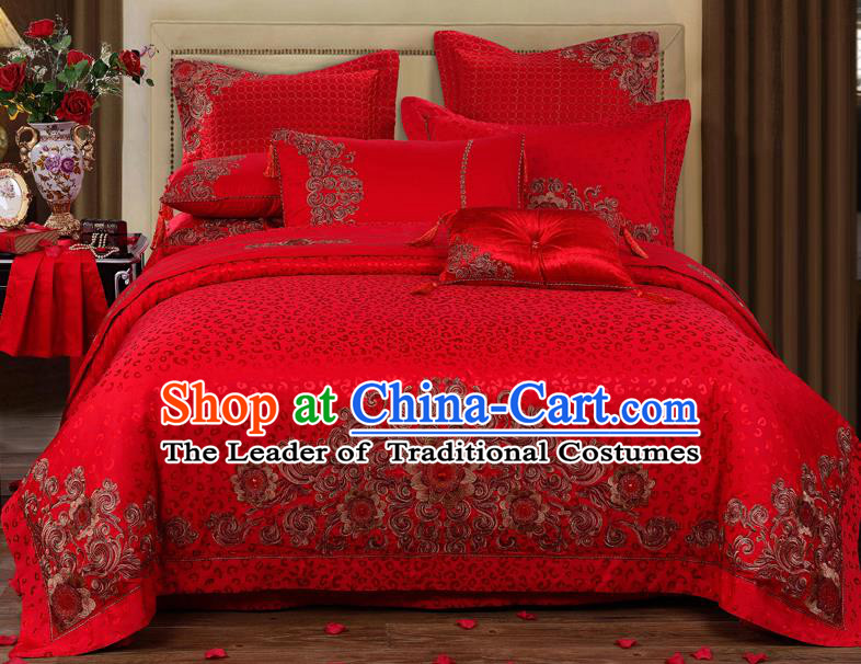 Traditional Chinese Style Wedding Bedding Set, China National Marriage Embroidery Red Satin Textile Bedding Sheet Quilt Cover 10-piece suit