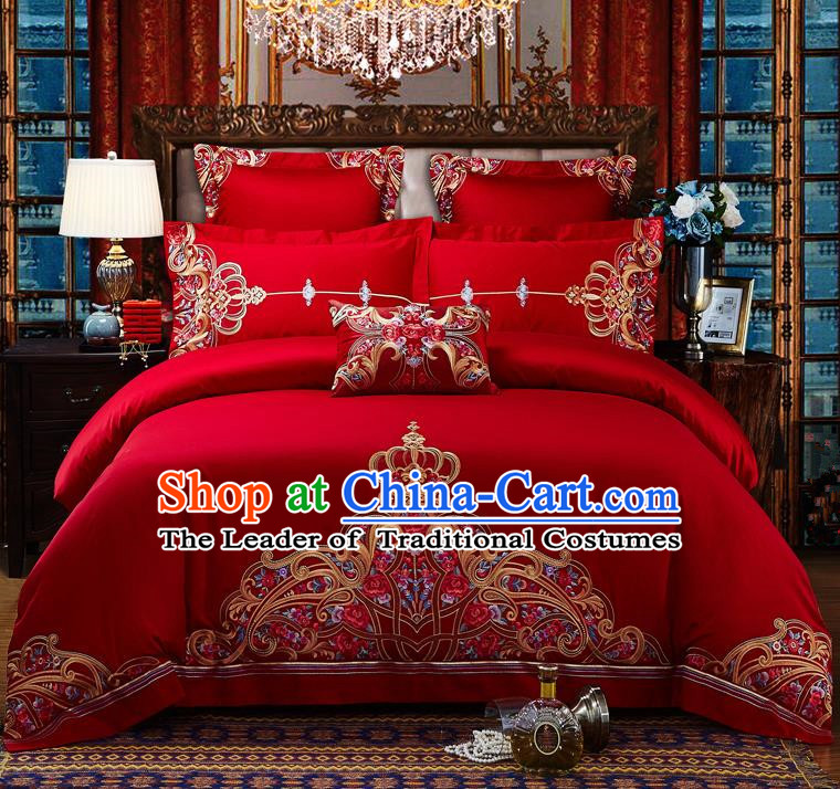 Traditional Chinese Style Wedding Bedding Set, China National Marriage Embroidery Red Textile Bedding Sheet Quilt Cover Seven-piece suit