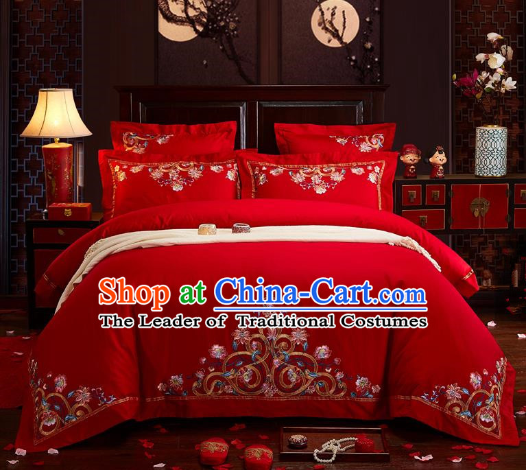 Traditional Chinese Style Wedding Bedding Set, China National Marriage Embroidery Red Textile Bedding Sheet Quilt Cover Seven-piece suit