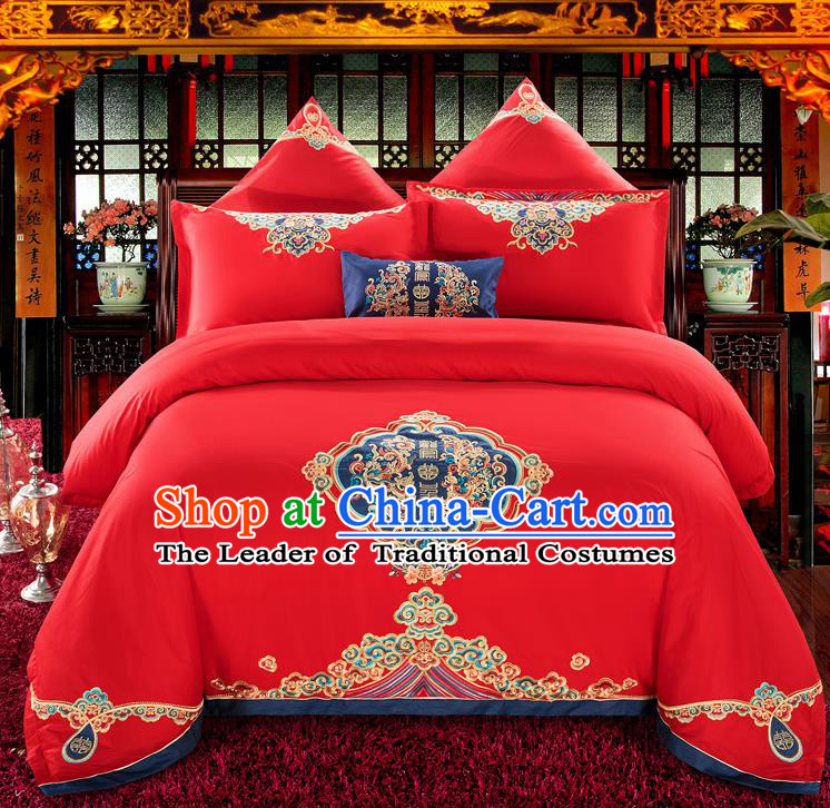Traditional Chinese Style Wedding Bedding Set, China National Marriage Embroidery Twin Bliss Red Textile Bedding Sheet Quilt Cover Seven-piece suit