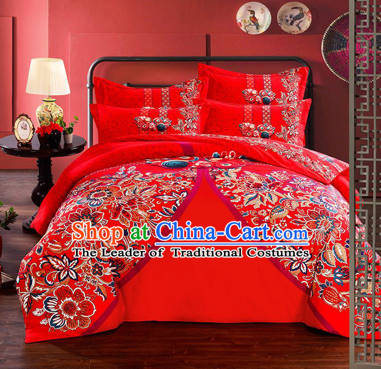 Traditional Chinese Style Wedding Bedding Set, China National Marriage Printing Flowers Red Textile Bedding Sheet Quilt Cover Seven-piece suit