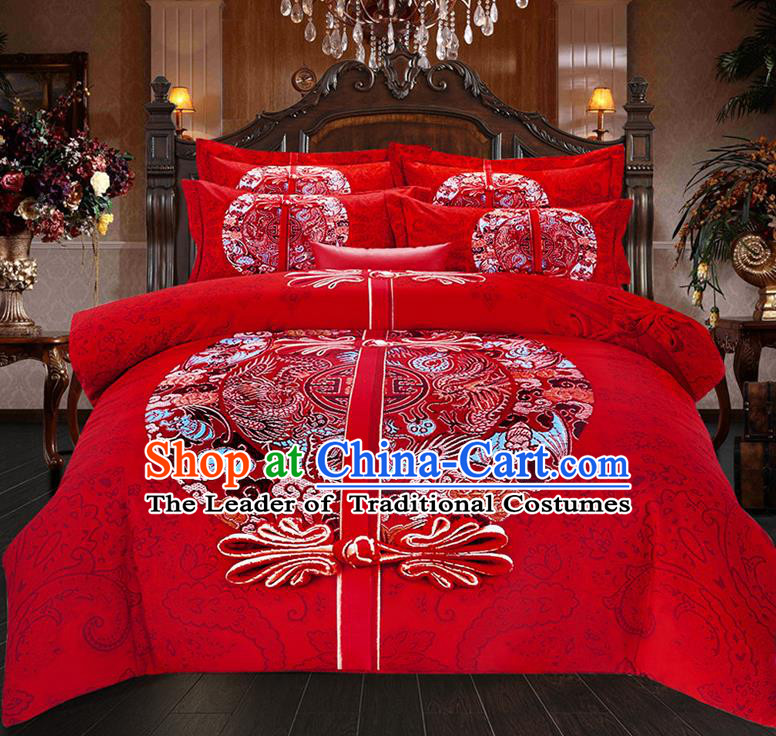 Traditional Chinese Style Wedding Bedding Set, China National Marriage Printing Plated Buttons Red Textile Bedding Sheet Quilt Cover Seven-piece suit