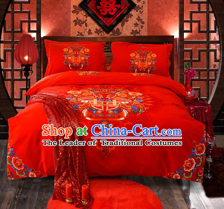 Traditional Chinese Style Wedding Bedding Set, China National Marriage Printing Mandarin Duck Peony Red Textile Bedding Sheet Quilt Cover Seven-piece suit