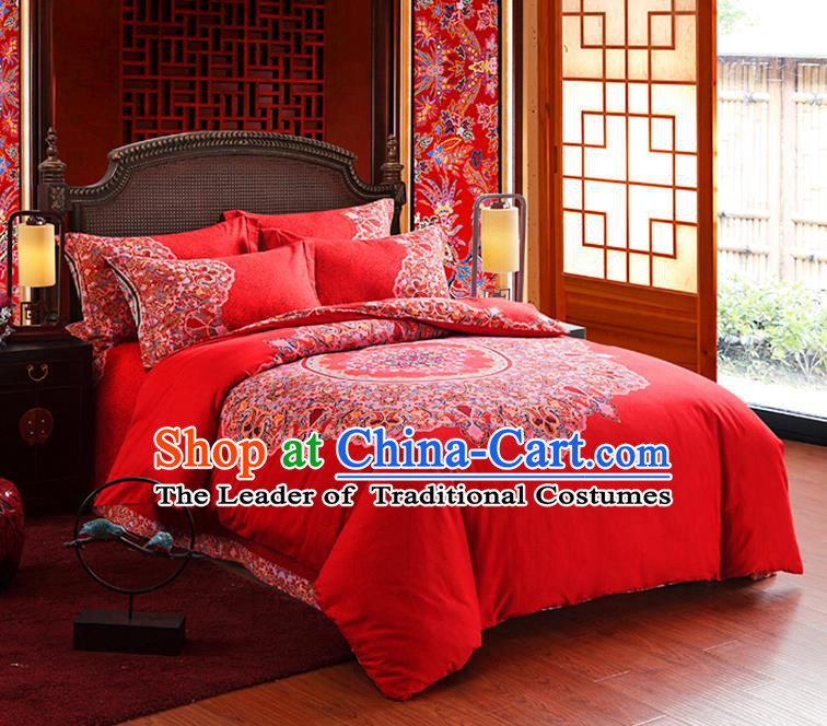 Traditional Chinese Style Wedding Bedding Set, China National Marriage Printing Flowers Red Textile Bedding Sheet Quilt Cover Seven-piece suit