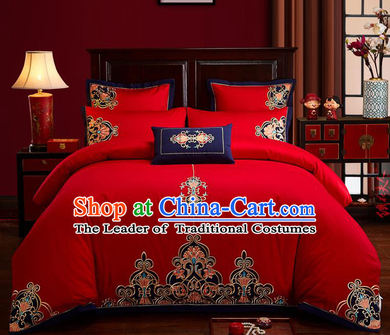 Traditional Chinese Style Wedding Bedding Set, China National Marriage Embroidery Red Textile Bedding Sheet Quilt Cover Seven-piece suit