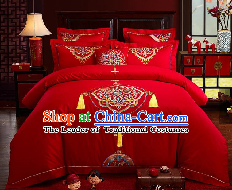 Traditional Chinese Style Wedding Bedding Set, China National Marriage Embroidery Flowers Red Textile Bedding Sheet Quilt Cover Seven-piece suit