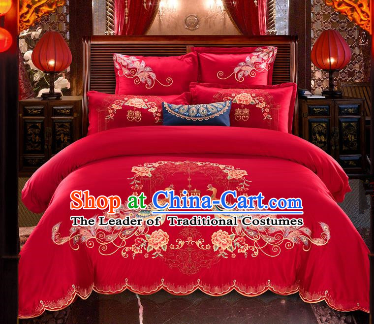 Traditional Chinese Style Wedding Bedding Set, China National Marriage Printing Peacock Red Textile Bedding Sheet Quilt Cover Seven-piece suit