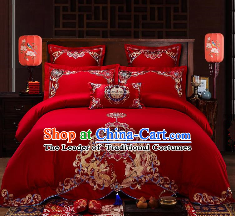 Traditional Chinese Style Wedding Bedding Set, China National Marriage Embroidery Dragon and Phoenix Red Textile Bedding Sheet Quilt Cover Seven-piece suit