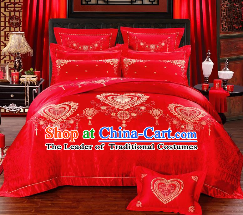 Traditional Chinese Style Marriage Printing Bedding Set Wedding Celebration Red Satin Drill Textile Bedding Sheet Quilt Cover Ten-piece Suit