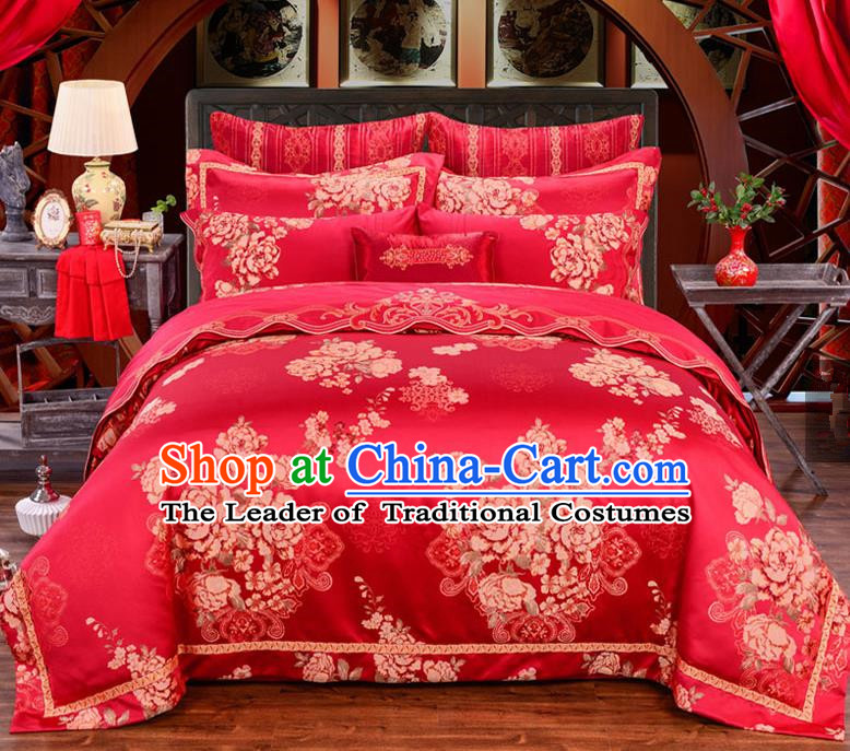 Traditional Chinese Style Marriage Printing Flowers Bedding Set Wedding Celebration Red Satin Drill Textile Bedding Sheet Quilt Cover Ten-piece Suit