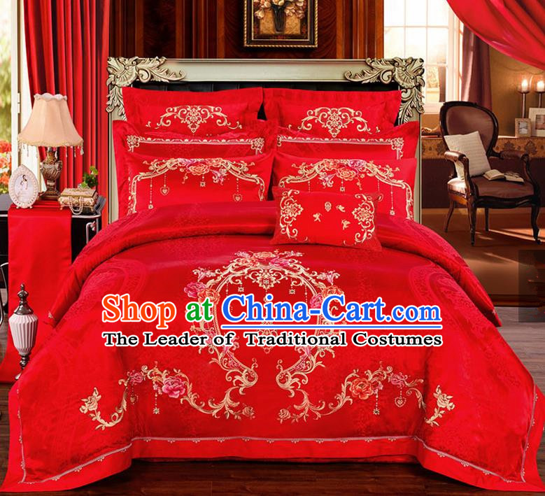 Traditional Chinese Style Marriage Printing Peony Bedding Set Wedding Celebration Red Satin Drill Textile Bedding Sheet Quilt Cover Ten-piece Suit