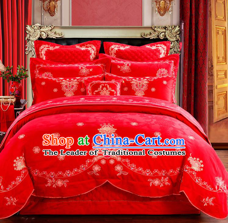 Traditional Chinese Style Marriage Embroidered Bedding Set Wedding Celebration Red Satin Drill Textile Bedding Sheet Quilt Cover Ten-piece Suit