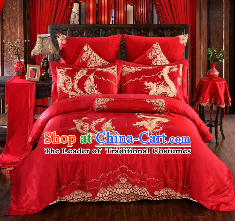 Traditional Chinese Style Marriage Embroidered Dragon and Phoenix Bedding Set Wedding Celebration Red Satin Drill Textile Bedding Sheet Quilt Cover Ten-piece Suit