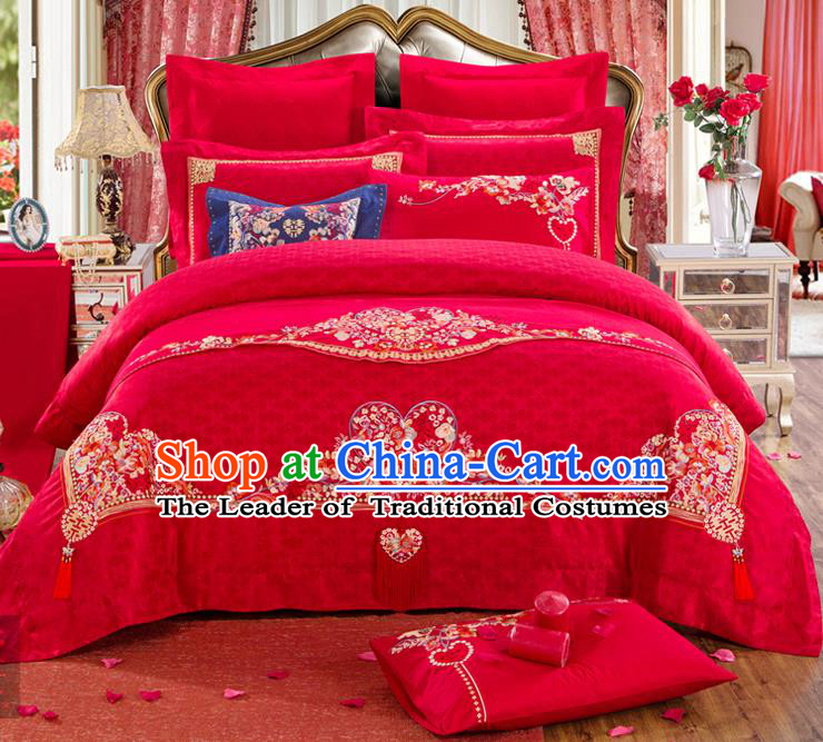 Traditional Chinese Style Marriage Embroidered Bedclothes Set Wedding Celebration Red Satin Drill Textile Bedding Sheet Quilt Cover Ten-piece Suit