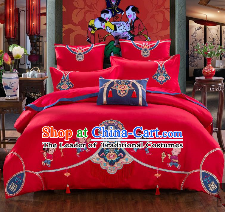 Traditional Chinese Style Wedding Bedding Set, China National Marriage Printing Children Red Textile Bedding Sheet Quilt Cover Seven-piece suit