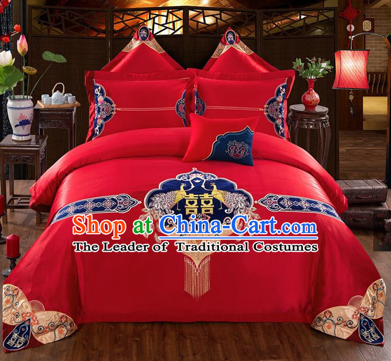 Traditional Chinese Style Wedding Bedding Set, China National Marriage Printing Peacock Red Textile Bedding Sheet Quilt Cover Seven-piece suit