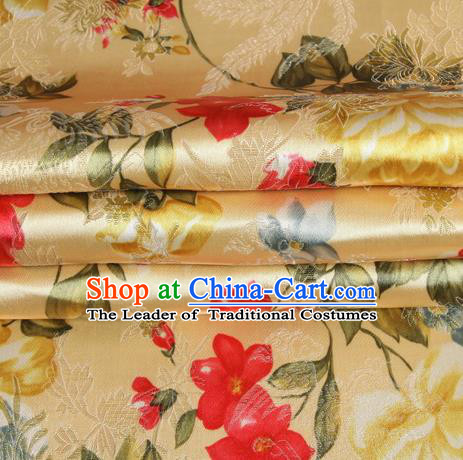 Chinese Royal Palace Traditional Costume Peony Pattern Yellow Satin Brocade Fabric, Chinese Ancient Clothing Drapery Hanfu Cheongsam Material