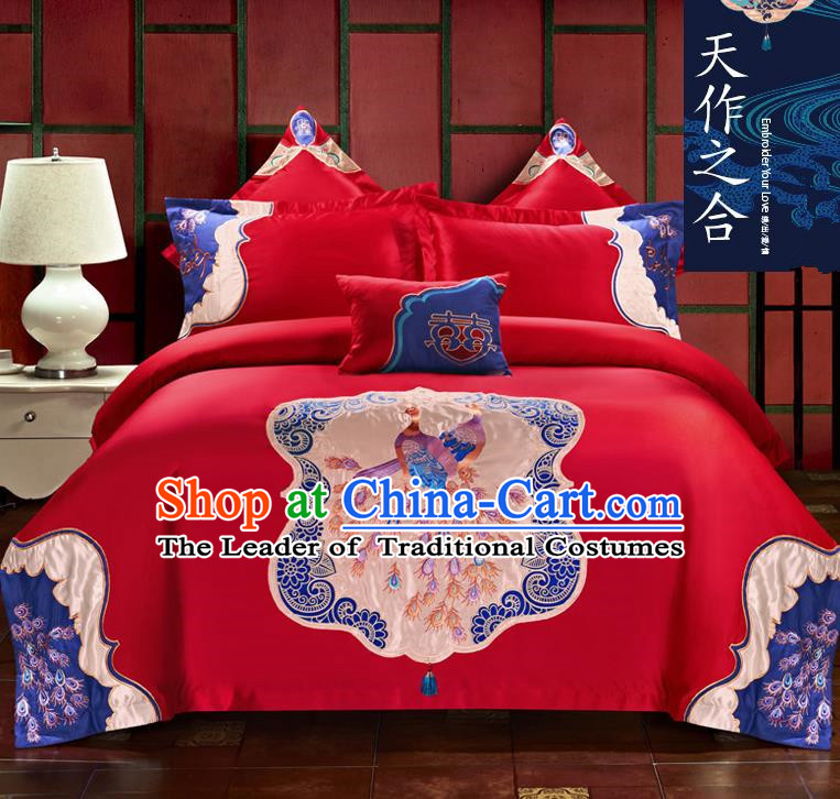 Traditional Chinese Style Wedding Bedding Set, China National Marriage Printing Peacocks Red Textile Bedding Sheet Quilt Cover Seven-piece suit