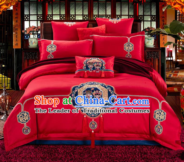 Traditional Chinese Style Wedding Bedding Set, China National Marriage Printing Peking Opera Red Textile Bedding Sheet Quilt Cover Seven-piece suit