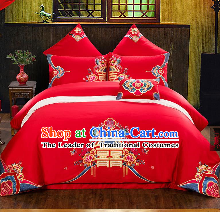 Traditional Chinese Style Wedding Bedding Set, China National Marriage Printing Phoenix Peony Red Textile Bedding Sheet Quilt Cover Seven-piece suit