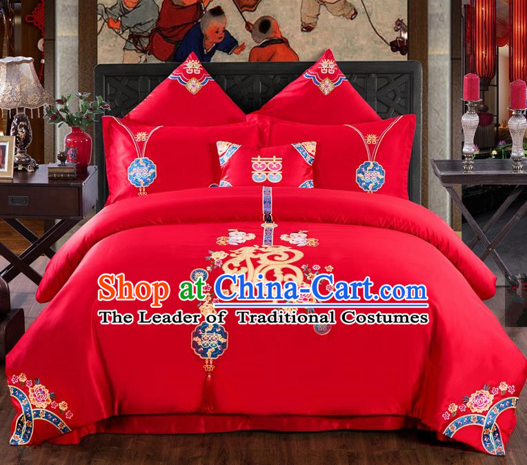 Traditional Chinese Style Wedding Bedding Set, China National Marriage Printing Fu Character Red Textile Bedding Sheet Quilt Cover Seven-piece suit