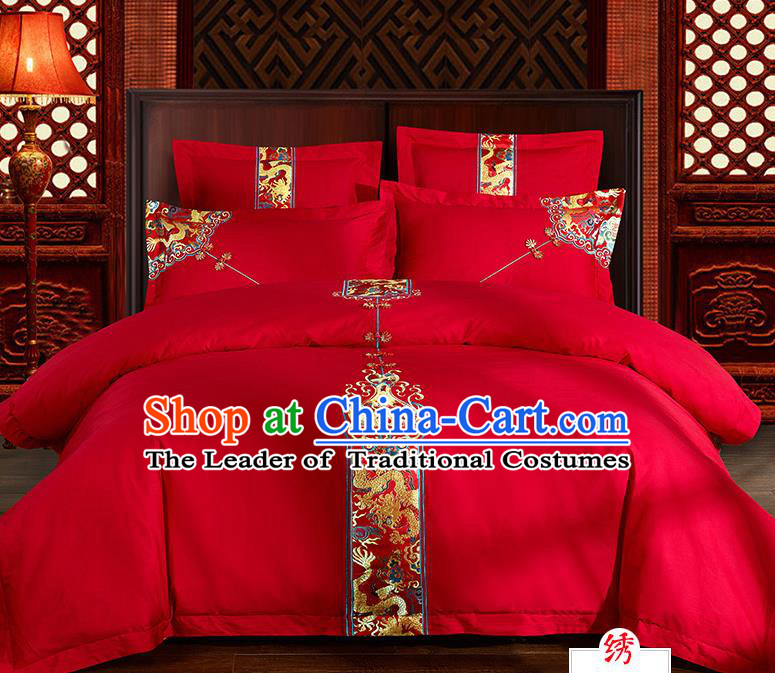 Traditional Chinese Style Marriage Bedding Set, China National Embroidered Dragon Wedding Red Textile Bedding Sheet Quilt Cover Four-piece suit