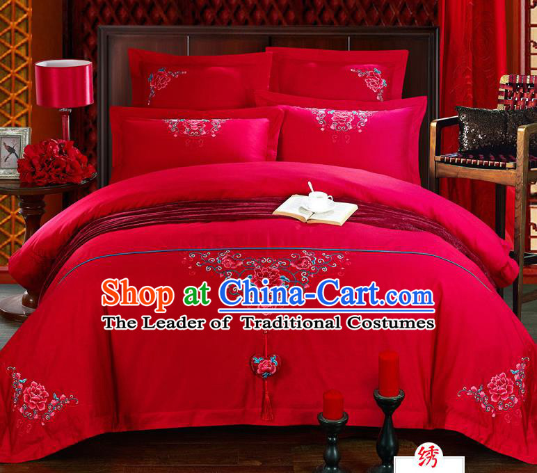 Traditional Chinese Style Marriage Bedding Set, China National Embroidered Peony Wedding Red Textile Bedding Sheet Quilt Cover Four-piece suit