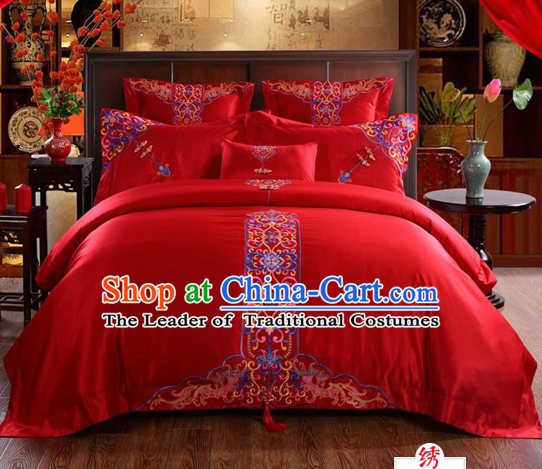 Traditional Chinese Style Marriage Bedding Set, China National Embroidered Flowers Wedding Red Textile Bedding Sheet Quilt Cover Four-piece suit