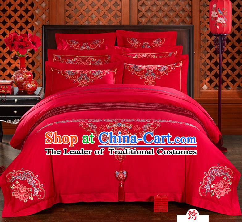 Traditional Chinese Style Marriage Bedding Set, China National Embroidered Peony Wedding Red Textile Bedding Sheet Quilt Cover Four-piece suit