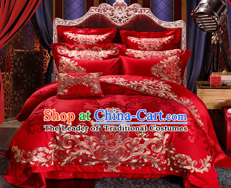 Traditional Chinese Style Marriage Bedding Set Embroidered Wedding Red Satin Textile Bedding Sheet Quilt Cover Ten-piece Suit