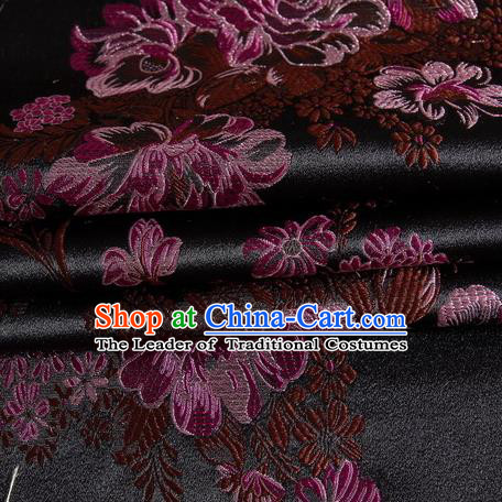 Chinese Royal Palace Traditional Costume Peony Pattern Black Satin Brocade Fabric, Chinese Ancient Clothing Drapery Hanfu Cheongsam Material