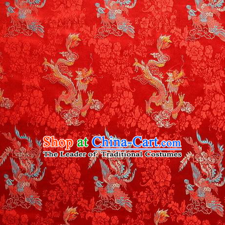 Chinese Royal Palace Traditional Costume Dragon and Phoenix Pattern Red Satin Brocade Fabric, Chinese Ancient Clothing Drapery Hanfu Cheongsam Material