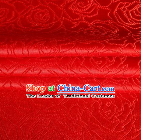 Chinese Traditional Costume Royal Palace Rose Pattern Red Satin Brocade Fabric, Chinese Ancient Clothing Drapery Hanfu Cheongsam Material