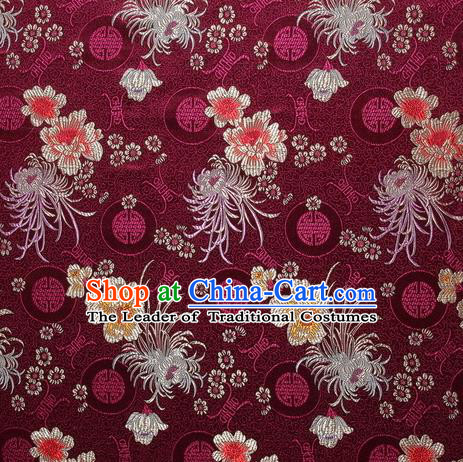 Chinese Traditional Costume Royal Palace Chrysanthemum Pattern Dark Red Satin Brocade Fabric, Chinese Ancient Clothing Drapery Hanfu Cheongsam Material