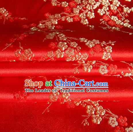 Chinese Royal Palace Traditional Costume Plum Blossom Pattern Red Satin Brocade Fabric, Chinese Ancient Clothing Drapery Hanfu Cheongsam Material