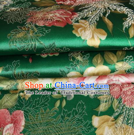 Chinese Traditional Costume Royal Palace Peony Pattern Green Satin Brocade Fabric, Chinese Ancient Clothing Drapery Hanfu Cheongsam Material