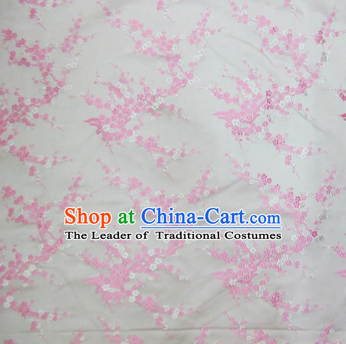 Chinese Traditional Costume Royal Palace Pink Wintersweet Pattern Satin White Brocade Fabric, Chinese Ancient Clothing Drapery Hanfu Cheongsam Material