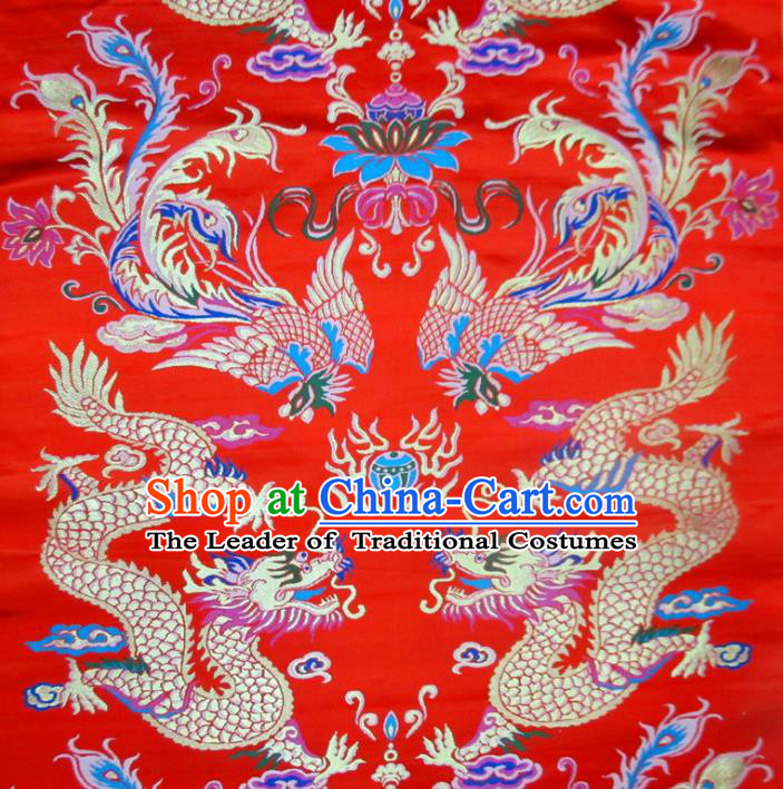 Chinese Traditional Costume Royal Palace Phoenix Dragon Pattern Red Satin Nanjing Brocade Fabric, Chinese Ancient Clothing Drapery Hanfu Cheongsam Material