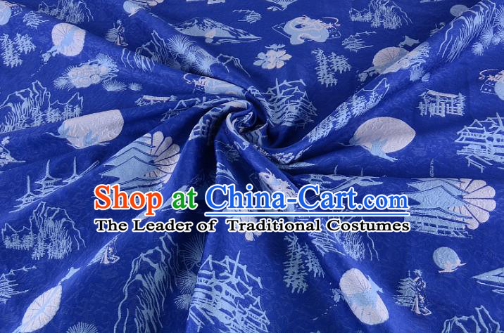 Chinese Traditional Costume Royal Palace Pattern Blue Brocade Fabric, Chinese Ancient Clothing Drapery Hanfu Cheongsam Material