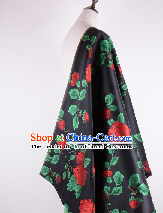 Chinese Traditional Costume Royal Palace Rose Pattern Black Brocade Fabric, Chinese Ancient Clothing Drapery Hanfu Cheongsam Material