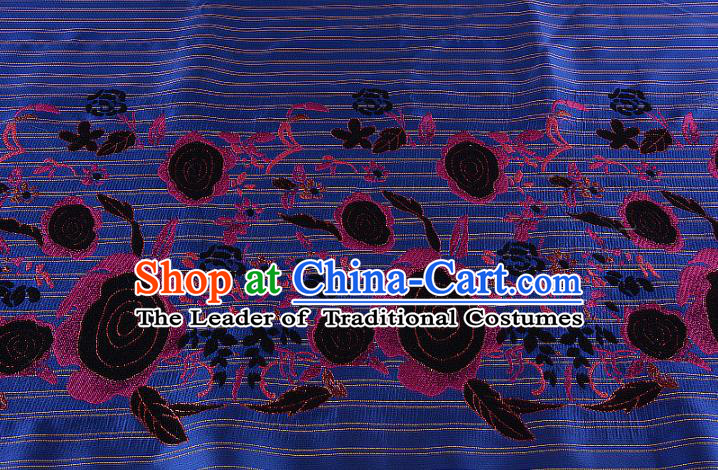 Chinese Traditional Costume Royal Palace Printing Rose Deep Blue Brocade Fabric, Chinese Ancient Clothing Drapery Hanfu Cheongsam Material