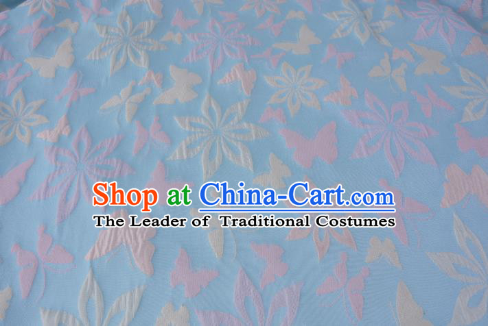 Chinese Traditional Costume Royal Palace Printing Butterfly Blue Brocade Fabric, Chinese Ancient Clothing Drapery Hanfu Cheongsam Material
