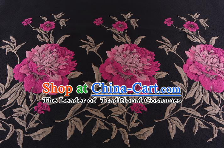 Chinese Traditional Costume Royal Palace Printing Peony Pattern Black Brocade Fabric, Chinese Ancient Clothing Drapery Hanfu Cheongsam Material