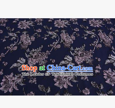 Chinese Traditional Costume Royal Palace Printing Flowers Deep Blue Satin Brocade Fabric, Chinese Ancient Clothing Drapery Hanfu Cheongsam Material