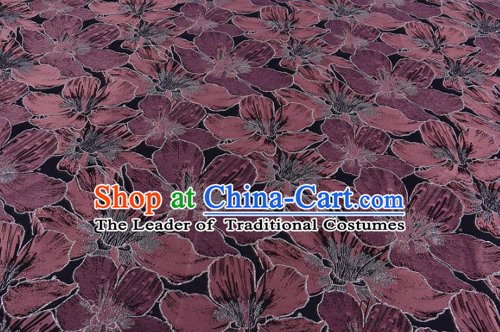 Chinese Traditional Costume Royal Palace Printing Purple Lily Flowers Black Satin Brocade Fabric, Chinese Ancient Clothing Drapery Hanfu Cheongsam Material