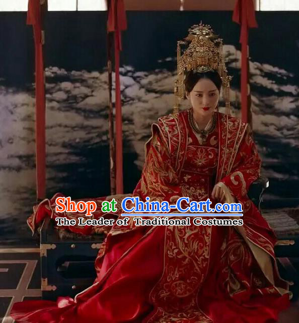 Traditional Chinese Tang Dynasty Imperial Empress Palace Lady Wedding Costume and Headpiece Complete Set for Women
