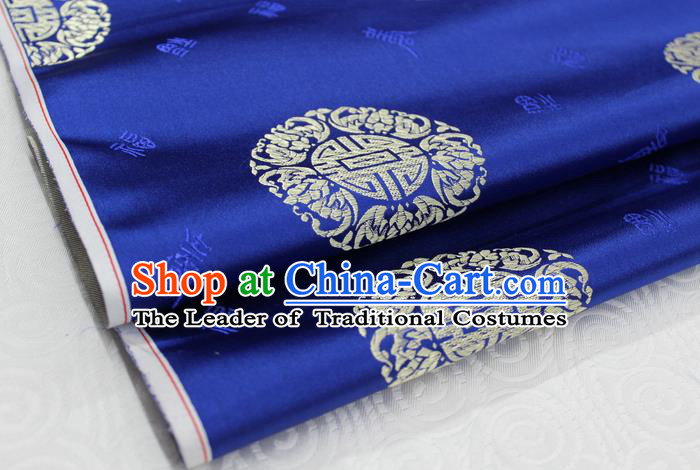 Chinese Traditional Royal Palace Golden Longevity Pattern Mongolian Robe Royalblue Satin Brocade Fabric, Chinese Ancient Costume Drapery Hanfu Tang Suit Material